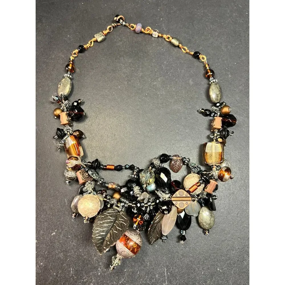 Artisan Copper Wire Necklace Glass Onyx Pyrite Amber Pearl 17”
